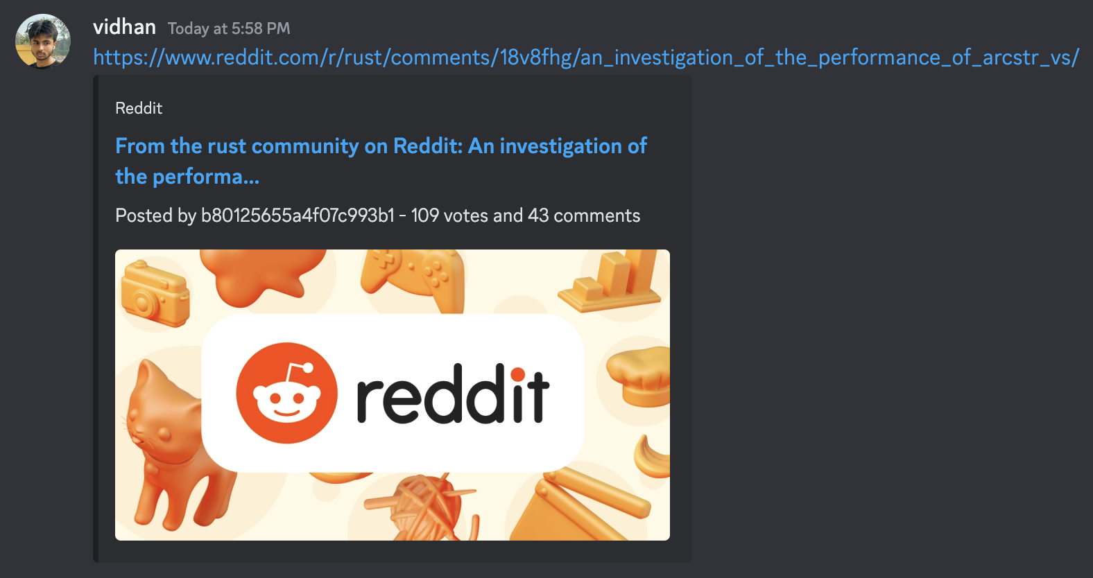 Discord user “vidhan” posting a link to a Reddit post with an Open Graph image preview.