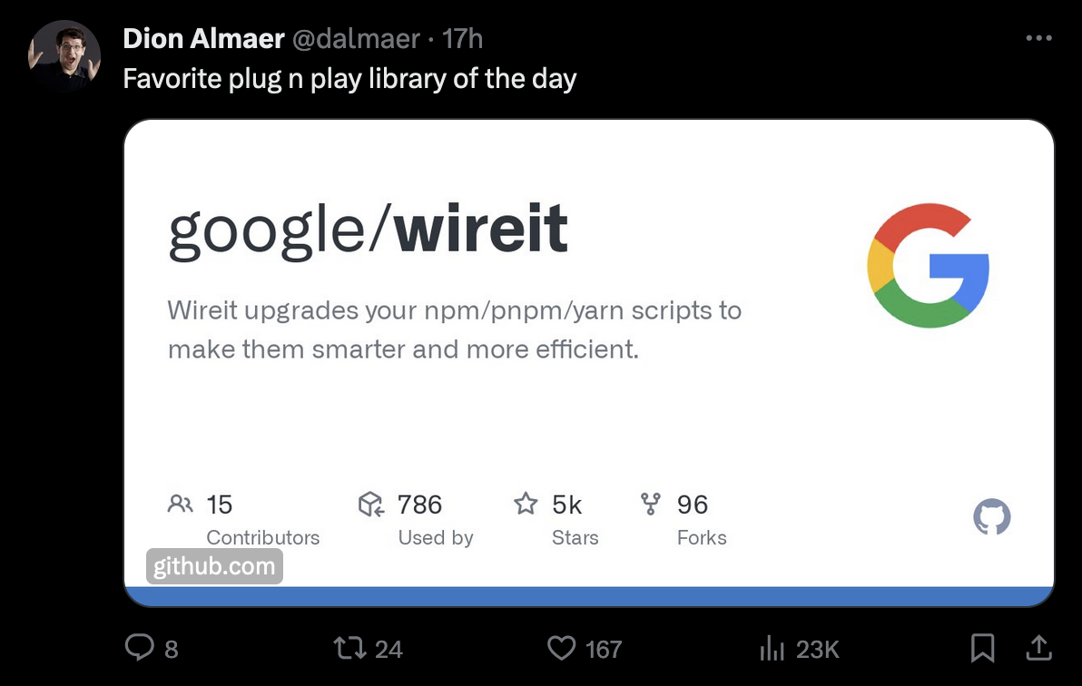 Twitter user “dalmaer” posting a link to the GitHub repository “google/wireit” with an Open Graph image preview.