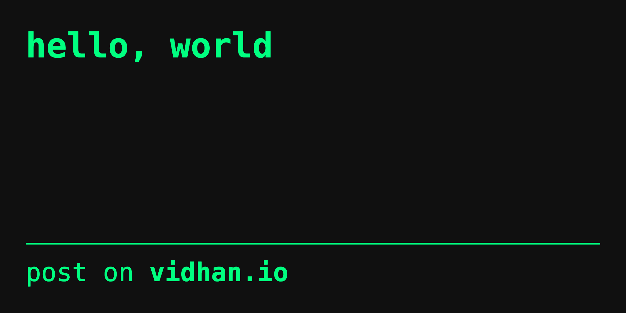 An Open Graph graphic with the text “hello world - post on vidhan.io”