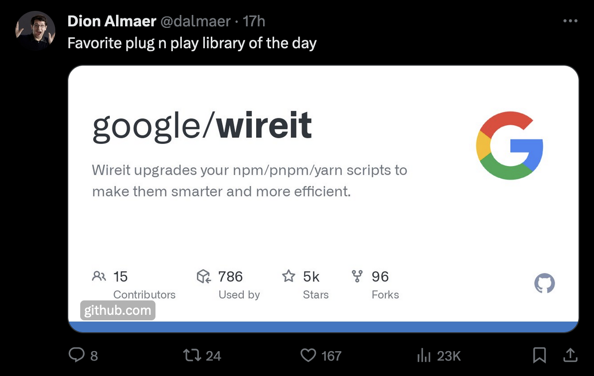 Twitter user âdalmaerâ posting a link to the GitHub repository âgoogle/wireitâ with an Open Graph image preview.